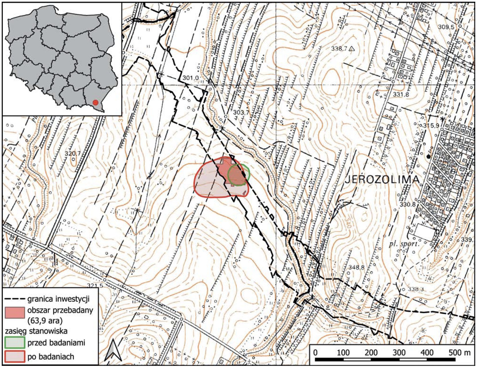 Sanok, stan. 58. Lokalizacja stanowiska na podkładzie mapy topograficznej. Skala 1:10000 (źródło mapy: GUGiK)