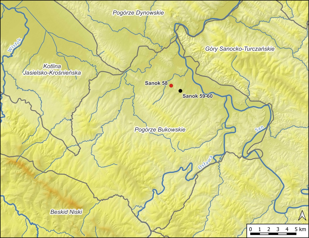Sanok, stan. 58. Lokalizacja stanowiska w odniesieniu do podziału fizycznogeograficznego południowo- -wschodniej Polski (wg Solon et al. 2018; źródło mapy: GUGiK)