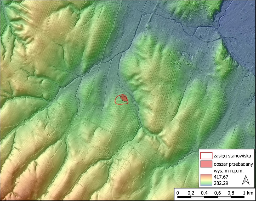 Sanok, stan. 58. Rejon stanowiska na Numerycznym Modelem Terenu (dalej: NMT) połączonym z modelem cieniowanym (źródło mapy: GUGiK)